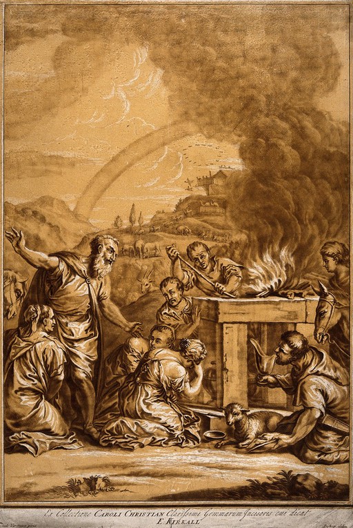 Noah's clan make their sacrifice and God responds with a rainbow. Colour etching by E. Kirkall after Bishop after P. Veronese.
