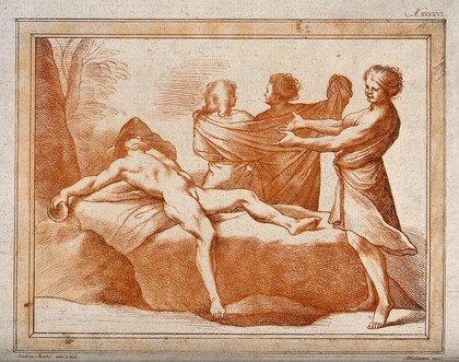 Ham sees his father, Noah, naked and drunk; Shem and Japheth turn away. Colour soft-ground etching by S. Mulinari after A. Sacchi.