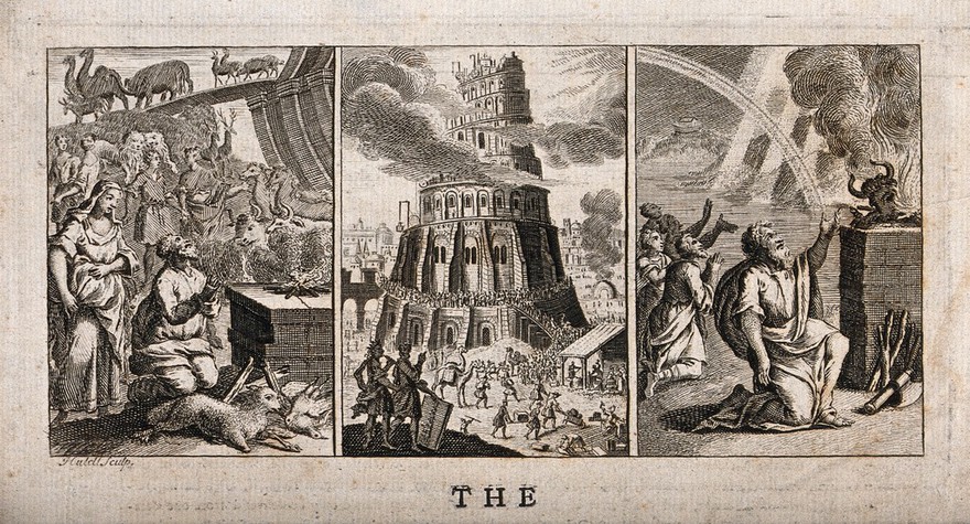 Noah preparing his first sacrifice after the Flood; the Tower of Babel; God responds to Noah's sacrifice with a rainbow. Etching by J. Hulett.