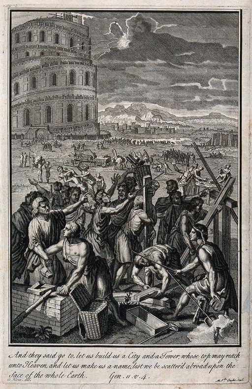 The builders of the Tower of Babel start to argue as their language is confounded. Etching by M. van der Gucht after G. Hoet, c. 1700.