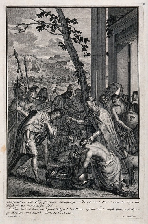 Melchizedek blesses Abraham and gives him bread and wine; Abraham's soldiers return victoriously. Etching by M. van der Gucht after G. Hoet.