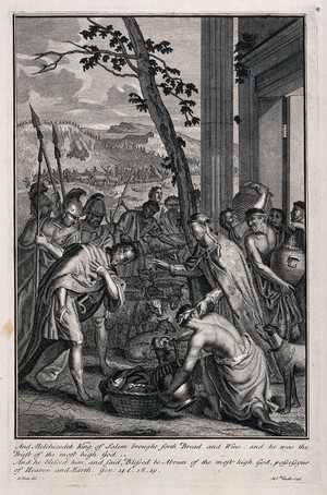 view Melchizedek blesses Abraham and gives him bread and wine; Abraham's Hebrew soldiers return victorious over the four invading kings. Etching by M. van der Gucht after G. Hoet.