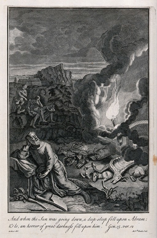 Abraham has a nightmarish vision of fire in the darkness. Etching by M. van der Gucht after G. Hoet.