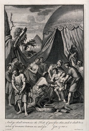 view Abraham and his men begin to circumcise themselves. Etching by M. van der Gucht after G. Hoet.