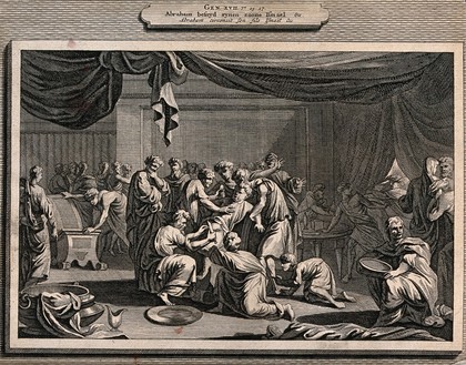 Ishmael is circumcised in a bustling chamber. Line engraving.