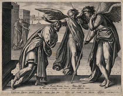 Two angels visit Lot with the intention of destroying Sodom: he offers them hospitality. Line engraving by P. Galle after A. Blocklandt.