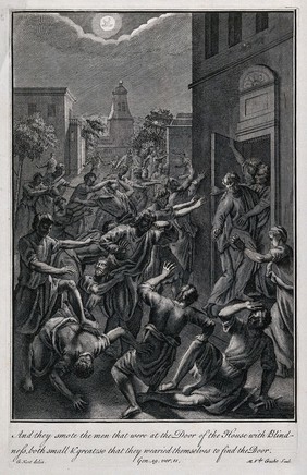 The two angels visitng Lot's house in Sodom pull him back into his house, away from the rapacious, blinded mob. Etching by M. van der Gucht after G. Hoet.