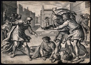 view The two angels visiting Lot's house in Sodom strike blind the rapacious mob outside. Line engraving by P. Galle after A. Blocklandt.