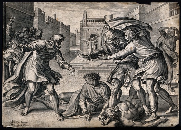 The two angels visiting Lot's house in Sodom strike blind the rapacious mob outside. Line engraving by P. Galle after A. Blocklandt.