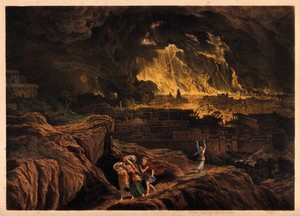 view Lot and his family flee Sodom as it burns; Lot's wife faces the terrible scene, aghast. Coloured lithograph after J. Martin.