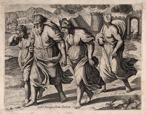 view Lot and his family flee while Sodom burns. Engraving.