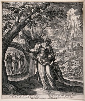 view Lot's wife looks back at the flames pouring from Heaven upon Sodom; Lot and his daughters go on ahead. Engraving by R. Sadeler after M. de Vos, 1583.