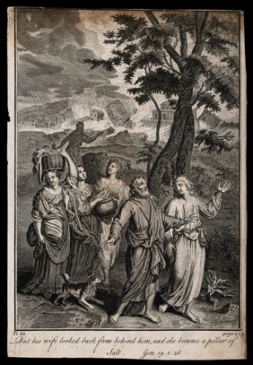 Lot and his family escape from collapsing Sodom; his wife looks back at the destruction. Engraving.