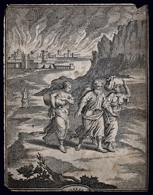 view Lot and his daughters leave Sodom as it burns; Lot's wife stays behind to look at it. Etching.