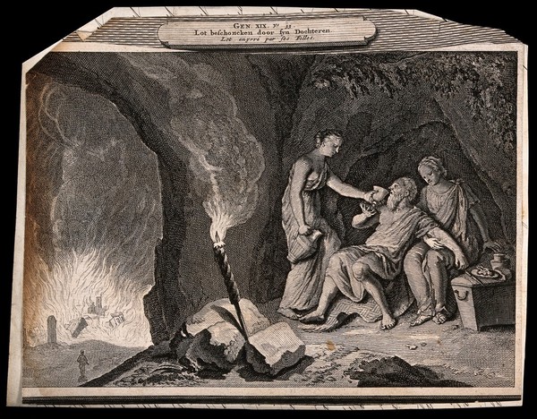 Lot and his daughters take refuge in a cave and begin their debauch; outside, his wife, now a pillar of salt, faces the furnace of Sodom. Engraving.