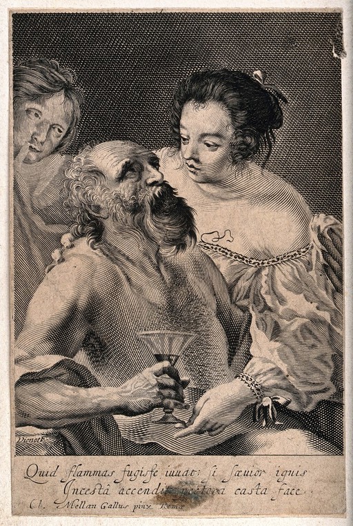 Lot made drunk by his daughters. Line engraving by Vienot after C. Mellan.