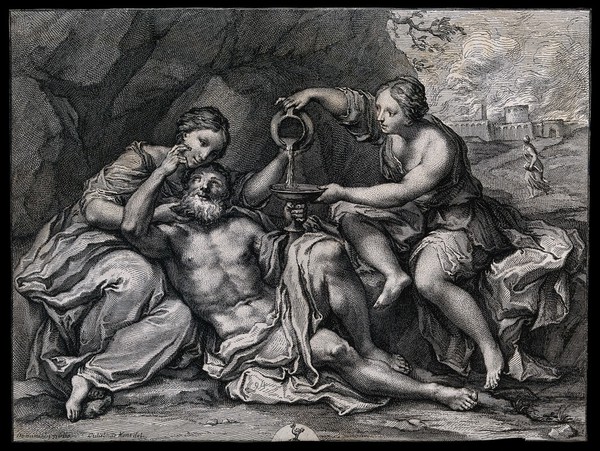 Lot, drunk, rests back into the arms of one of his daughters; the other one pours him more wine; in the background his wife watches Sodom burn. Engraving by W. Kent after D. Zampieri, il Domenichino, 1630.