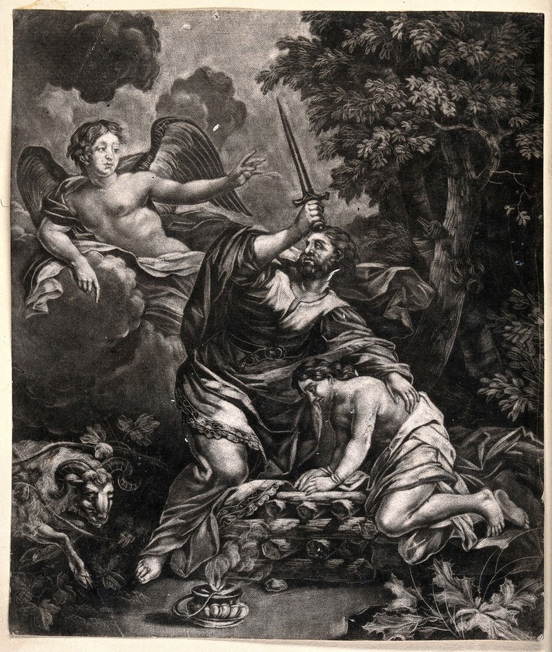 An angel intervenes as Abraham prepares to sacrifice Isaac. Mezzotint ...