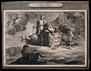 view An angel descends as Abraham prepares to sacrifice Isaac; the ram lurks in the bushes. Line engraving.