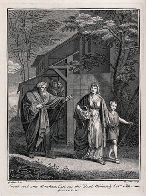 view Abraham banishes Hagar and Ishmael; Sarah and Isaac look on. Engraving by R. Parr after G. Hoet.