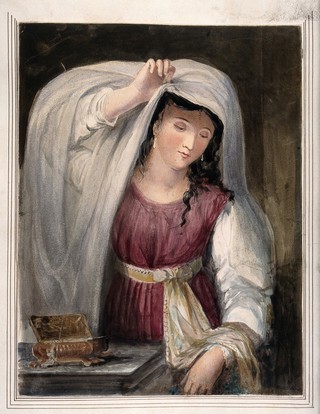 Rebecca admires the clothes and jewellery given to her by Abraham's servant. Watercolour painting by Juliana Howard, 1824.