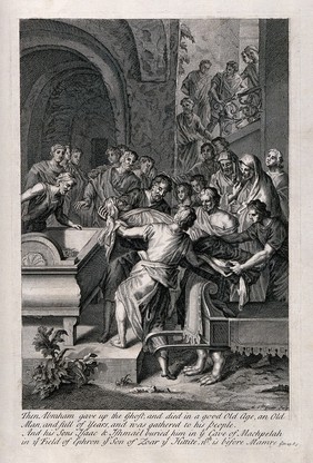 The funeral of Abraham. Engraving by M. van der Gucht after G. Hoet.