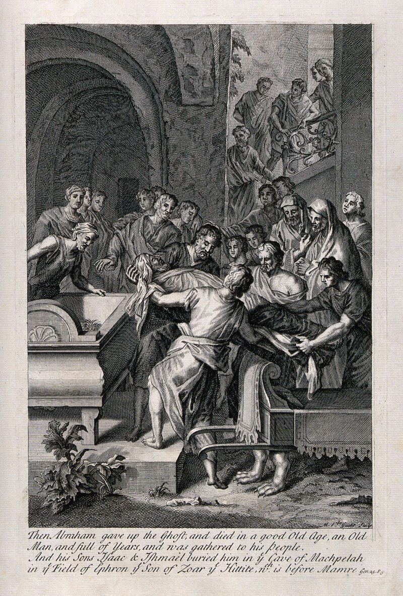 The funeral of Abraham. Engraving by M. van der Gucht after G. Hoet., by Gerard Hoet