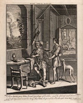 Jacob offers bread and soup to an exhausted Esau, who has returned from hunting; to the left, angels move upon Jacob's ladder; to the right, the blind Isaac feels Jacob's disguised hands. Engraving by E. Kirkall after Skeitz.