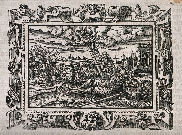 Jacob dreams of the heavenly ladder; he consecrates with oil the spot where he slept; he meets Rachel, who is tending sheep in the vicinity of a Mesopotamian city. Woodcut by S.H., 1568, after V. Solis.