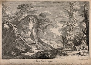 view Jacob finds rest in a rugged landscape and dreams of a ladder of angels. Etching by J. Goupy after S. Rosa.