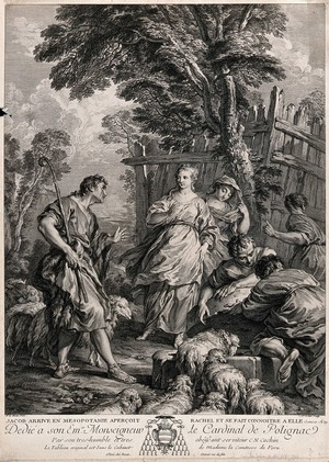 view Rachel approaches Jacob through a flock of sheep; one of the inhabitants of the land points her out as being Laban's daughter. Line engraving by F. Bartolozzi after W. Hamilton, 1791.