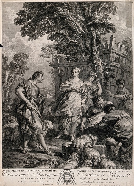 Jacob arrives among the shepherds of Haran; he falls in love with Rachel at first sight. Engraving by C.N. Cochin the elder after F. Le Moine.
