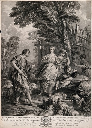 Jacob arrives among the shepherds of Haran; he falls in love with Rachel at first sight. Engraving by C.N. Cochin the elder, 1732, after F. Le Moine.