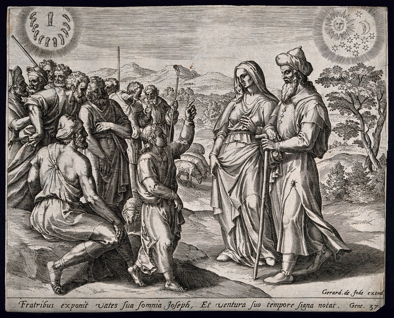 Joseph tells his unsympathetic family about his two prophetic dreams. Line engraving by G. de Jode., by Gerard de Jode