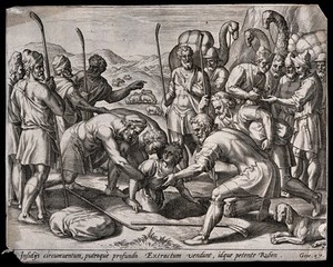 view Joseph is dragged from the pit and sold by his brothers to a company of passing Midianites. Line engraving by G. de Jode.