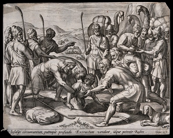 Joseph is dragged from the pit and sold by his brothers to a company of passing Midianites. Line engraving by G. de Jode.