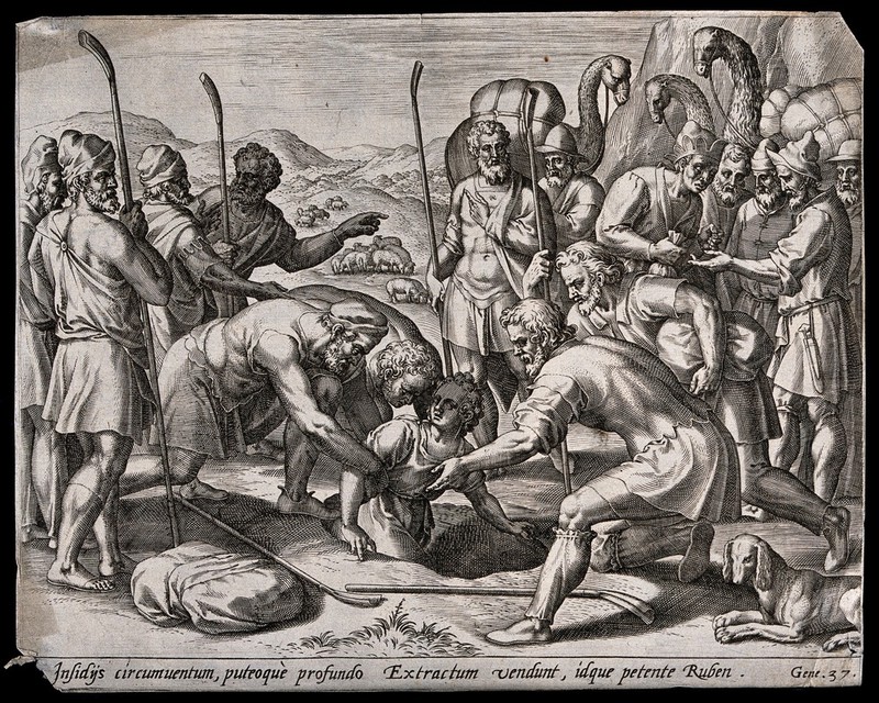 Joseph is dragged from the pit and sold by his brothers to a company of passing Midianites. Line engraving by G. de Jode., by Gerard de Jode