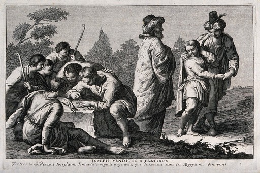 Joseph is sold by his brothers. Etching.