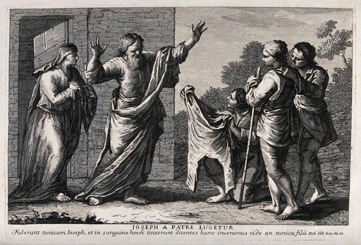 Joseph's brothers show his coat, apparently soaked in his blood, to Jacob, who mourns. Etching.