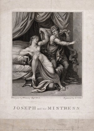 view Potiphar's wife tumbles on her bed with a terrified Joseph. Stipple engraving by W. Nutter after R. Cosway, 1802.