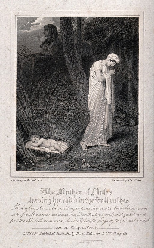 The mother of Moses sadly abandons her child by the river. Etching by C. Heath, 1821, after R. Westall after N. Poussin, 1654.