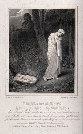 The mother of Moses sadly abandons her child by the river Nile. Etching by C. Heath, 1821, after R. Westall after N. Poussin, 1654.