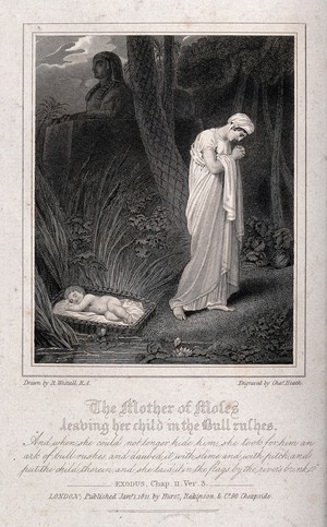 view The mother of Moses sadly abandons her child by the river Nile. Etching by C. Heath, 1821, after R. Westall after N. Poussin, 1654.