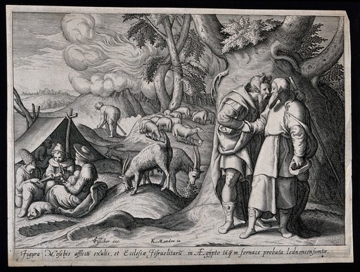 Moses' people are protected from the fires that God inflicts upon Egypt. Line engraving by C. Visscher after K. Mandor.