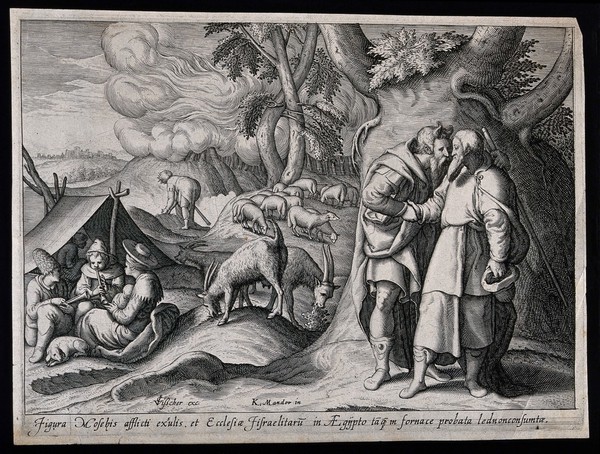 Moses' people in exile in Egypt are compared to metals that are strengthened by being exposed to fire in a furnace without being consumed. Line engraving by C. Visscher after C. van Mander.