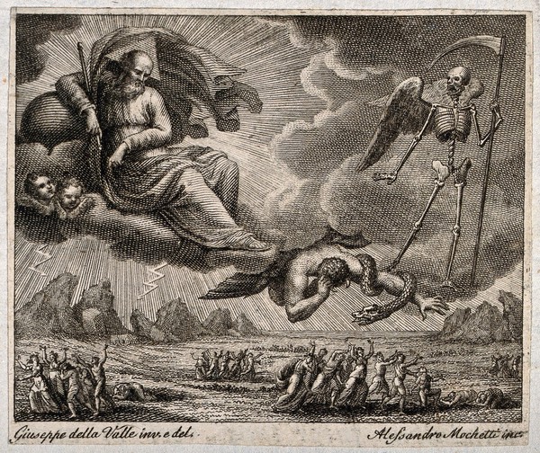 God, aided by an angel, a serpent and Death, inflicts calamitous weather upon the Israelites. Engraving by A. Mochetti after G. della Valle.