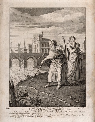 Aaron points his rod at the river and it begins to flow with frogs. Etching.