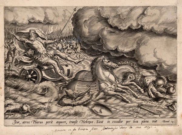 The Egyptians are drowned as Moses parts the waves. Engraving after H. Wierix.