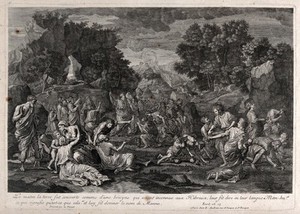 view The people of Moses receive manna from heaven in the wilderness. Engraving by B. Audran I after N. Poussin, 1637-1639.