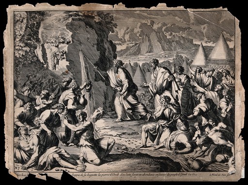 The Israelites quench their thirst as Moses draws water from the rock. Etching by J-A. le Poutre after himself, c. 1700.